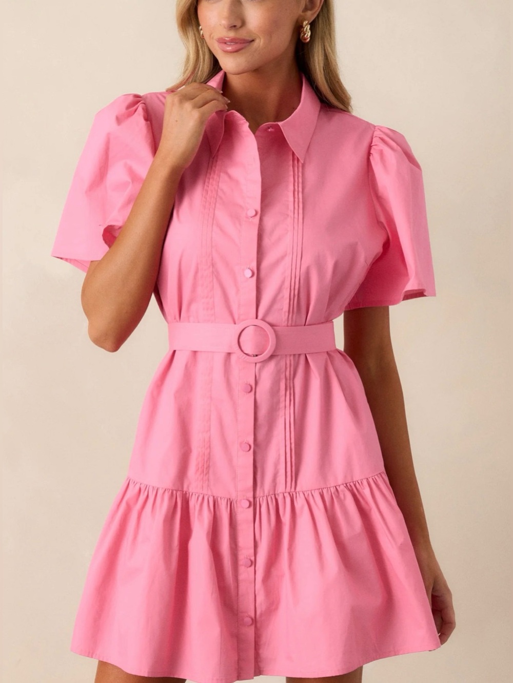 NWT Prosperina Belted Puff-Sleeve Fairfax Geranium Pink Cotton Mini Dress